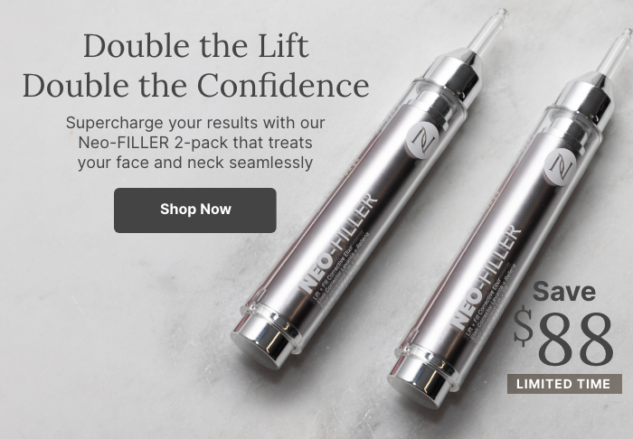 Two Neo-FILLER tubes displayed on white blocks with text reading, “Double the Lift. Double the Confidence.” It highlights a 2-pack with a limited-time $51 savings offer and a “Shop Now” button.